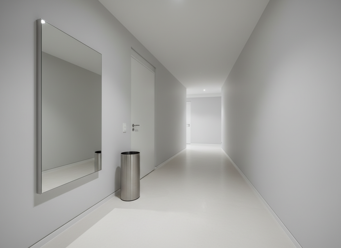A sleek, light-gray apartment entryway with a flawless mirror and a minimalist, brushed metal umbrella stand beside a closed, immaculately clean white door. The subtle texture of the matte painted walls is visible, and the details in the brushed steel catch the soft, indirect lighting coming from above, producing mild, elegant shadows. The space is uncluttered, framed with symmetry and slightly wide-angle perspective, emphasizing openness and order. The composition draws the eye down a polished, understated corridor, highlighting the overarching clean and sophisticated mood. The visual approach is photographic minimalist with elegant gradients and muted palette, embodying the first impression of a premium cleaning service.