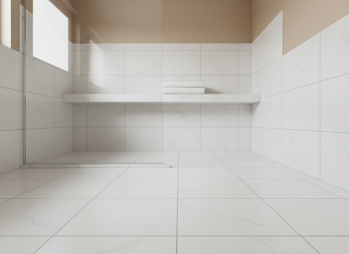 A high-end, pristine white tile bathroom with a flawlessly clear glass shower door and a folded, snow-white towel perched on a floating matte shelf. The muted colors of soft beige walls and subtle gray veins in the tiles form a refined backdrop, enhanced by a gentle side light from an unseen window, creating soft, sophisticated shadow play. No clutter or toiletries distract from the minimalist elegance of the scene. Shot at a low, wide angle, the overall composition features strong leading lines and a sharp focus throughout, conveying an atmosphere of immaculate cleanliness and understated luxury. The style is photographic and elegant, perfectly harmonious with a premium residential cleaning service ethos.