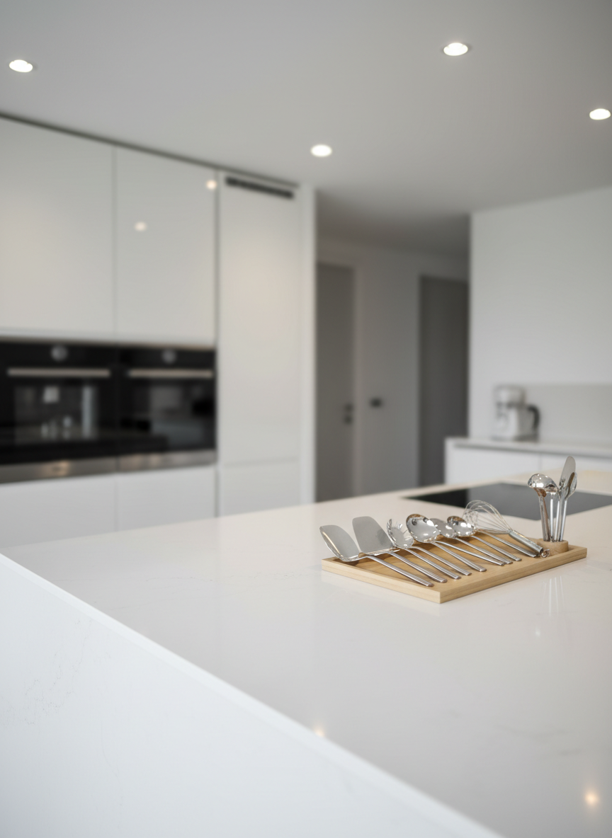 A meticulously arranged, open-plan kitchen featuring gleaming, streak-free white quartz countertops and a perfectly aligned set of minimalist chrome utensils resting on a pale wooden tray. The surfaces reflect a soft, diffuse glow from overhead recessed lighting, with gentle gradients running along the contours of the counter. In the background, the outlines of high-end cabinetry are tastefully softened by a bokeh effect, suggesting understated luxury. Shot from a slightly elevated, wide-angle perspective, the image maintains center-right framing to emphasize spaciousness and order. The mood is calm, sophisticated, and effortlessly orderly. The visual style draws from photographic realism with a clean, modern, and minimalist aesthetic, reinforcing the sense of impeccable standards central to xWhite’s brand.