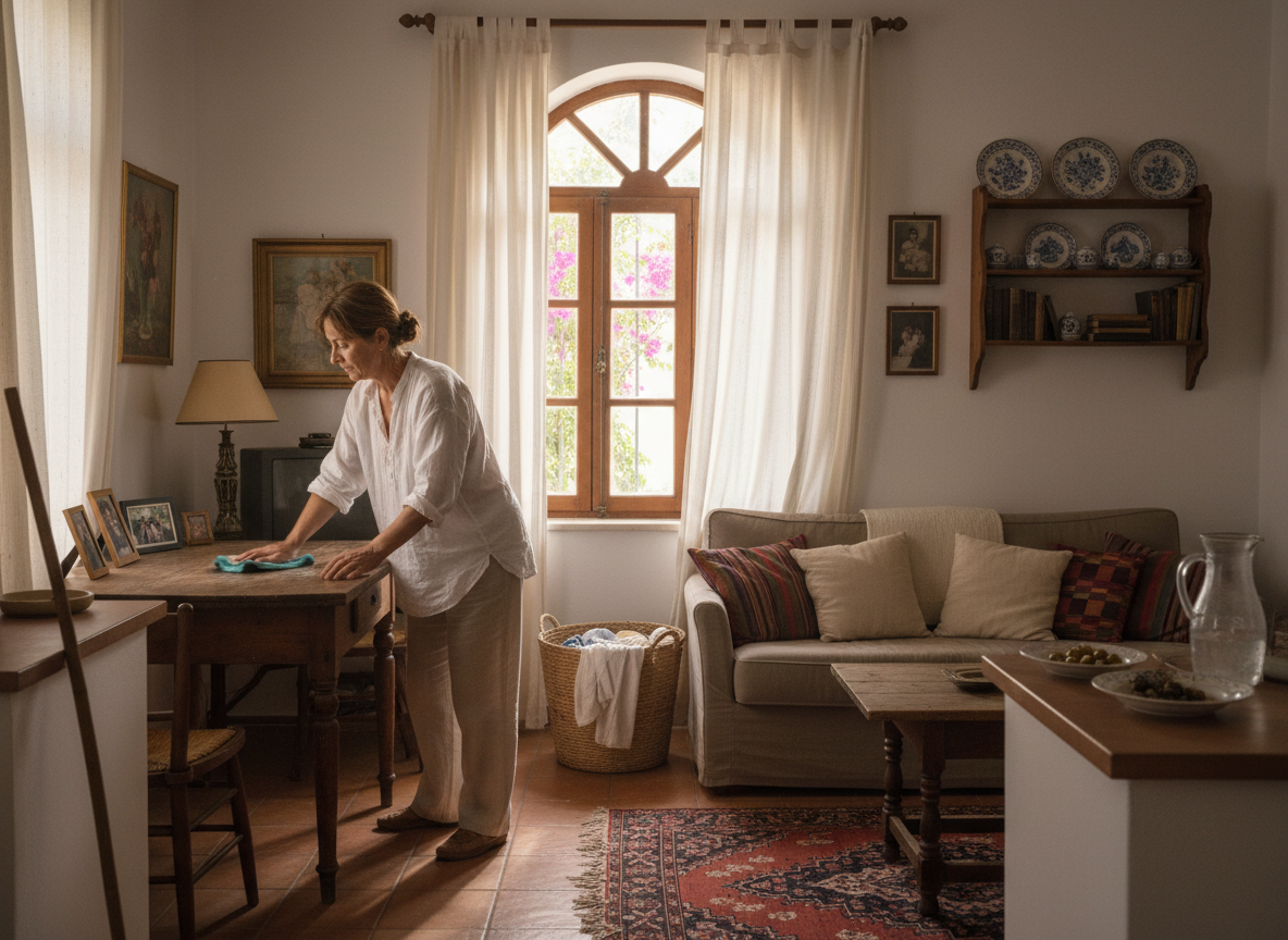 A detailed, realistic photo of an average, lived-in Greek home being cleaned—showing typical furnishings and atmosphere that feels welcoming and attainable, not overly luxurious