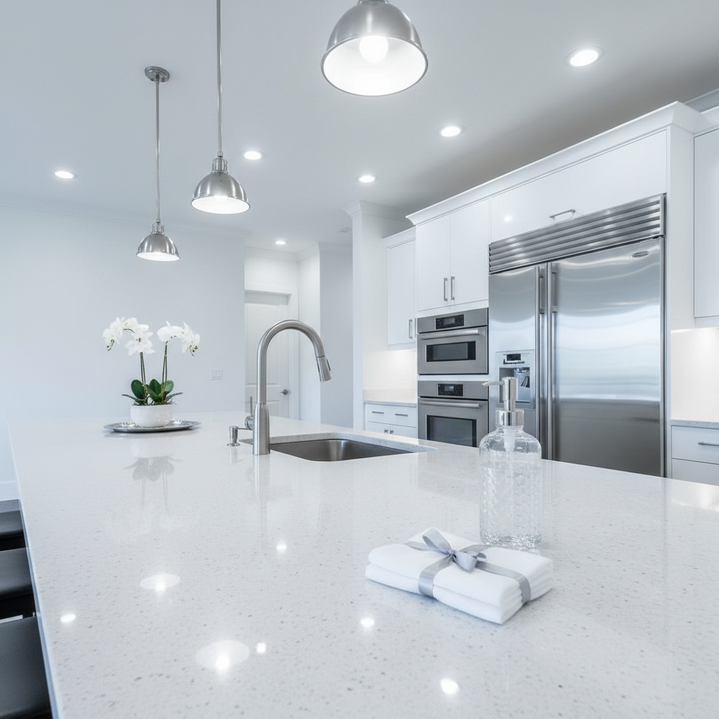 A spotlessly clean, polished granite countertop in a high-end kitchen, conveying premium, luxurious cleaning, bright with white and silver tones, modern aesthetic