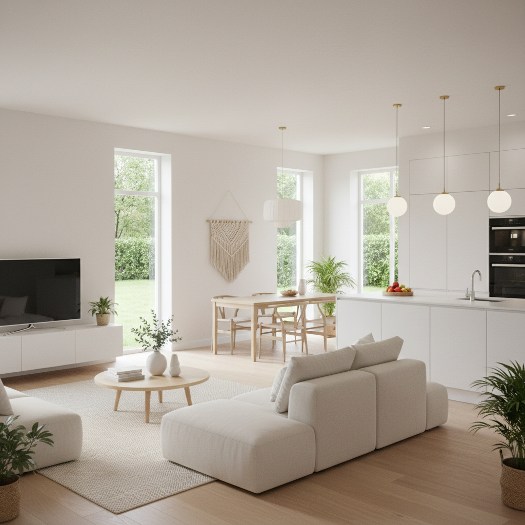 A fresh, modern, inviting home interior that communicates cleanliness and comfort, with no people or cleaning staff present