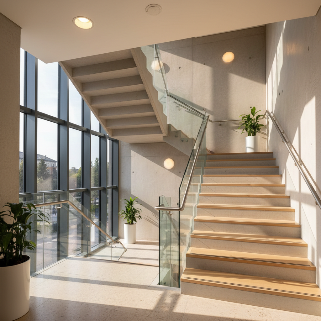 a clean, modern staircase in an apartment complex with sunlight streaming in through a large window, minimalistic aesthetic, soft lighting